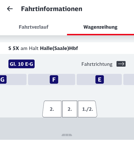 Screenshot Fahrtinformationen: Anzeige zur Wagenreihung. Im Einsatz ist lediglich ein dreiteiliger Kurzzug.