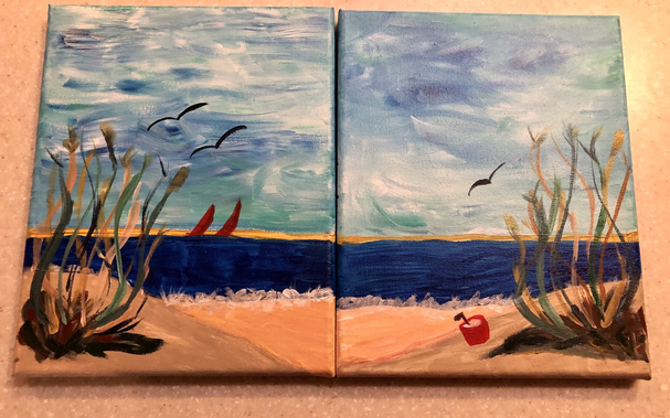 Coastal landscape painting of abandoned sand pail on beach