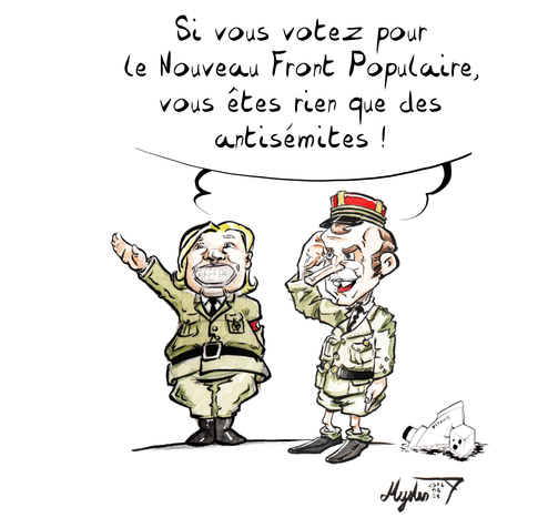 Dessin d'actu par Myster Ty.
Marine Lepen, portant un uniforme SS, faisant un salut nazi, et Macron déguisé en Pétain, crient de concert : "Si vous votez pour le #NouveauFrontPopulaire, vous êtes rien que des antisémites !"