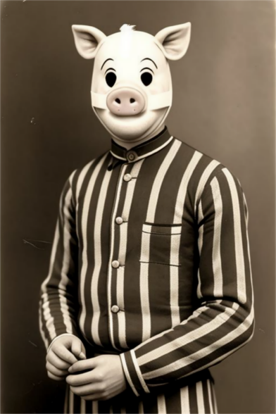 Digitally Rendered Sepia Photo of a person wearing an old time striped prison uniform and a pig mask