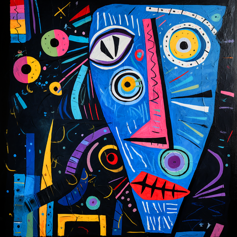 This vibrant painting features a surreal, abstract portrayal of a baseball player. The figure is composed of bold geometric shapes and vivid colors, with a prominent blue face highlighted by striking eyes and a red mouth. The background is a dynamic mix of black with colorful, circular, and linear elements in yellow, pink, blue, and green, creating a sense of depth and movement. The playful, almost cosmic design suggests a fusion of the sport with a dreamlike, otherworldly atmosphere, making the piece visually intriguing and energetic. The use of contrasting colors and abstract forms captures the intensity and excitement of the game in a unique, artistic style.