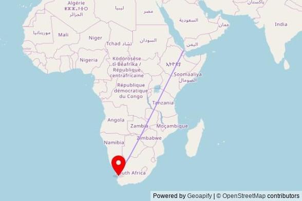 A map showing the great circle route from Assab in Eritrea to a map pin at Moedergemeente, 1 Church Street, Matzikama Ward 5, Matzikama Local Municipality, 8160, South Africa