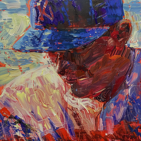 This expressive painting portrays a baseball player in a contemplative pose. The figure is rendered with bold, sweeping brushstrokes in vibrant reds, blues, and purples, giving the image a sense of intense emotion and energy. The player wears a blue cap, with their head slightly bowed, possibly in thought or concentration. The textured layers of paint create a dynamic, almost three-dimensional effect, capturing the raw intensity of the moment. The background is a blend of soft pastel tones, contrasting with the vivid colors of the player, enhancing the overall impact of the artwork.