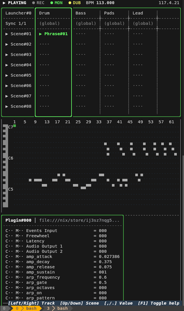 Terminal user interface of step sequencer. Clip launcher, piano roll, plugin paramter list.