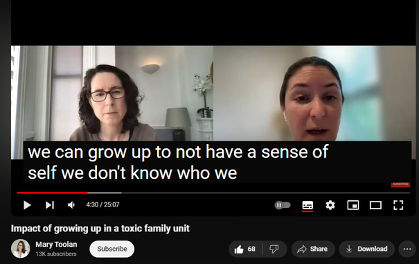 https://www.youtube.com/watch?v=4oM1qhFSyr0

648 views  21 Jun 2024
In conversation with Dr Taylor Damiani, Psychologist & Narcissist Abuse Recovery Coach.

We speak about the impact of growing up in a toxic family unit, guilt & shame and limiting beliefs.  

Get your ticket for the Cycle Breakers Summit here: https://toolanm.krtra.com/t/3MnDkzto5WYf

26-29 June  2024.