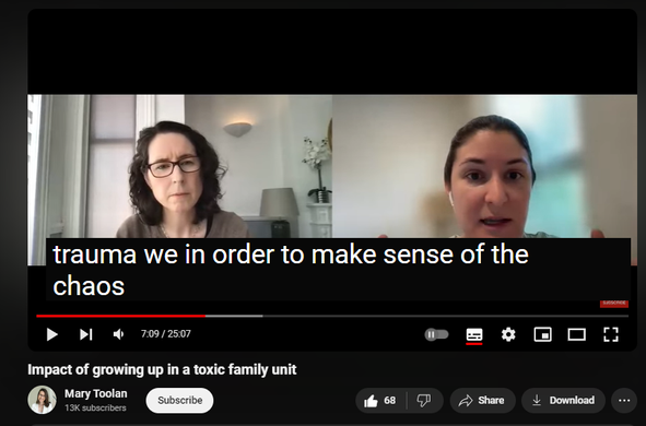 https://www.youtube.com/watch?v=4oM1qhFSyr0
Impact of growing up in a toxic family unit

648 views  21 Jun 2024
In conversation with Dr Taylor Damiani, Psychologist & Narcissist Abuse Recovery Coach.

We speak about the impact of growing up in a toxic family unit, guilt & shame and limiting beliefs.  

Get your ticket for the Cycle Breakers Summit here: https://toolanm.krtra.com/t/3MnDkzto5WYf

26-29 June  2024. 