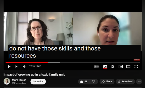 https://www.youtube.com/watch?v=4oM1qhFSyr0
Impact of growing up in a toxic family unit

648 views  21 Jun 2024
In conversation with Dr Taylor Damiani, Psychologist & Narcissist Abuse Recovery Coach.

We speak about the impact of growing up in a toxic family unit, guilt & shame and limiting beliefs.  

Get your ticket for the Cycle Breakers Summit here: https://toolanm.krtra.com/t/3MnDkzto5WYf

26-29 June  2024. 