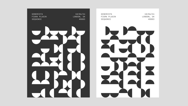 Two pages. First page with text and half circles in white on black background. The half circles are arranged in a decorative patter.
Second page with text and half circles in black on white background. The half circles are arranged in a decorative patter.