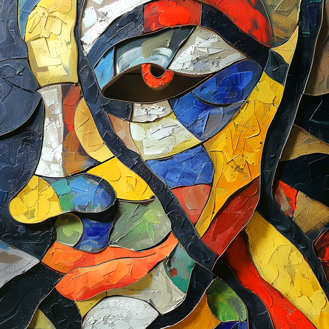 This abstract painting features a baseball player's face composed of an intricate mosaic of colorful shapes. The vivid hues of yellow, blue, red, green, and orange are used to create the contours of the face, with a strikingly expressive eye at the center. The thick, textured patches of paint are meticulously arranged, giving the artwork a layered, three-dimensional quality. The player’s focused gaze and the dynamic flow of colors and forms convey a sense of intensity and determination. The use of bold outlines and segmented shapes adds to the overall cubist-inspired aesthetic of the piece.