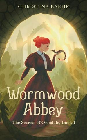 Book cover for Wormwood Abbey by Christina Baehr. Image on cover shows a drawing of a white woman with bright red hair who is wearing a dark purple Victorian dress and holding a lizard in her hand as she peers at it inquisitively. Behind her the sun is shining through the window brightly and you can dimly make out a lush forest and what looks like the stone ruins of a grand old house in the distance. 