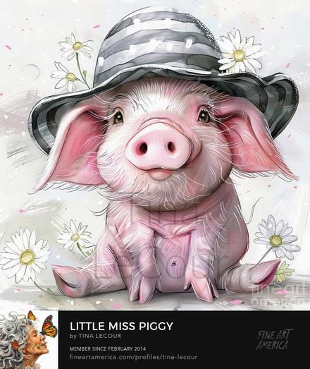 This is a  sweet  whimsical pink pig wearing a gray and white striped hat sitting in some daisy flowers. 