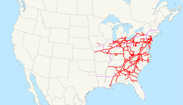 This is a map of the Norfolk Southern Railway as of 2009, with trackage rights in purple (haulage rights are lighter). Email me if you would like a copy of the GIS data I created (modified from Bureau of Transportation Statistics North American Transportation Atlas Data) or if you see any errors.

Source: https://en.wikipedia.org/wiki/Norfolk_Southern_Railway#/media/File:Norfolk_Southern_Railway_system_map.svg