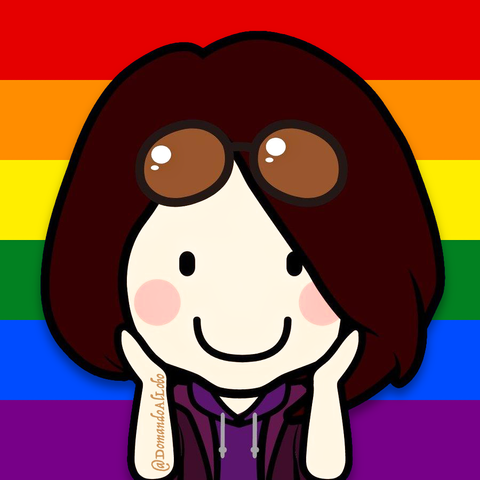 Mi avatar. Dibujo. Mujer con melena negra y gafas de sol a modo de diadema. Cara redonda, con colorete marcado y sonrisa. Viste sudadera morada. Hace sombra en fondo arcoiris.