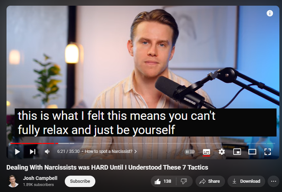 https://www.youtube.com/watch?v=rfbQbrkI7tc
Dealing With Narcissists was HARD Until I Understood These 7 Tactics


2,925 views  23 Jun 2024  #narcissism #mentalhealthawareness #narcissiticabuse
Welcome back! Today, we're diving deep into the topic of narcissism—a pattern of behavior that can severely impact your life, health, and happiness. Ever felt like you're living in the shadow of someone's arrogance or self-centered attitudes? That’s the silent battle with a narcissist.

What you'll learn in this video how to break free from the vicious cycle:

🧠 Understanding Narcissism: A deep dive into what narcissism really involves—different types, traits, and the notorious Dark Tetrad.

💔 Personal Stories: I share my transformative journey from feeling lost and controlled, to breaking free and finding happiness.

🛡️ Strategies to Break Free: Learn seven powerful methods to counteract narcissistic control. From self-care to assertive communication, these strategies are game-changers.

😢 Emotional Impacts: Discover the emotional turmoil caused by narcissists and how to start healing.