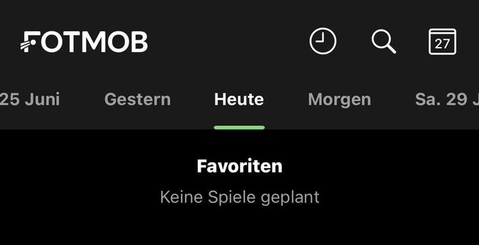 Screenshot aus der iOS-App des Fussball-Portals FotMob: In der Ansicht für heute steht „Favoriten: Keine Spiele geplant“.