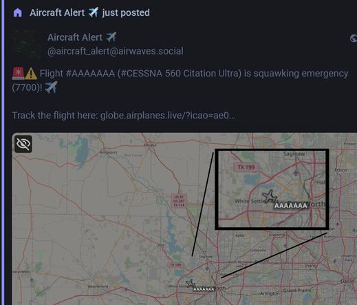 screen grab of Mastodon post and map showing an airplane declaring an emergency. The flight is designated as "AAAAAAA"