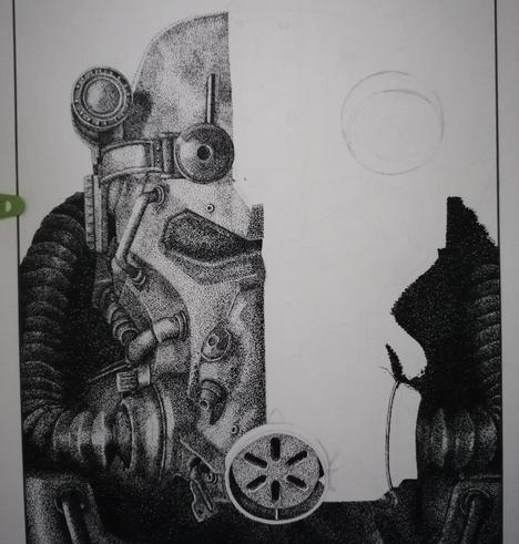 Hand drawn image of power armour from fallout, halfway finished vertically