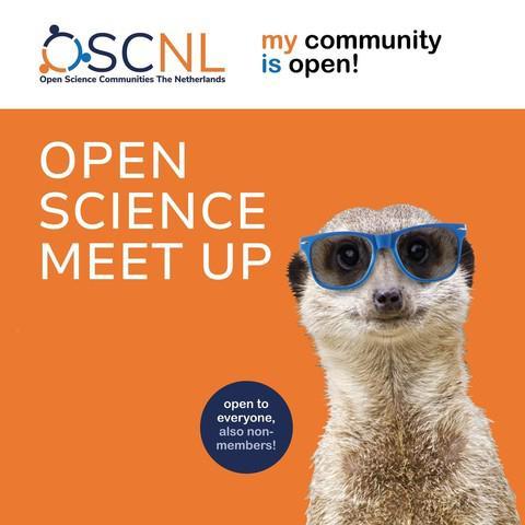 logo open science communities NL and the text open science meet up and open to everyone, also non-members and our meerkat mascotte
