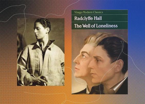 Photo of Gluck, a young white person in a chore coat with cropped dark hair, holding a cigarette and looking down slightly; Medallion, a painting featuring Gluck in the foreground with a slightly older blonde woman behind her--both are in profile as if forming an eclipse
The artist Gluck (left); Gluck’s Medallion (1936) on the cover of Virago’s 1982 reissue of The Well of Loneliness (right)