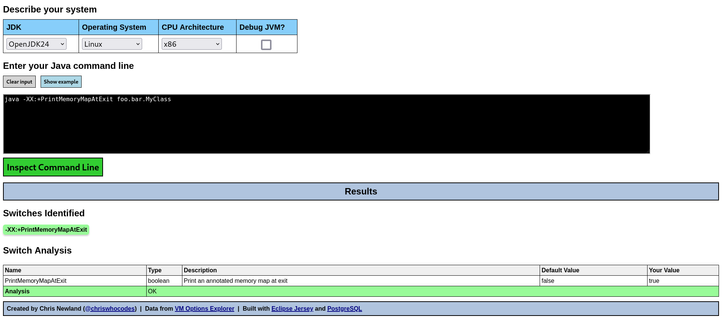 Screenshot from JaCoLine.dev (Java Command Line Inspector) showing a new option from JDK24 being validated.