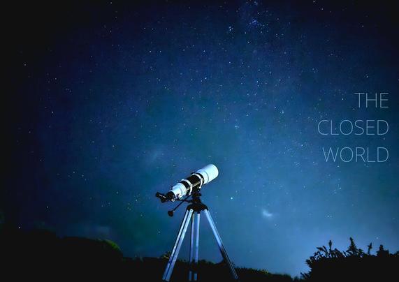 Title image for The Closed World, showing a refractor telescope photographed at night, star scape in the background. 