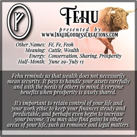 Black and white text is overlaid on a pale grey and pink background. There is a bull with long horns in the top right corner, caught mid-stride. The text defines the Norse rune Fehu and its runic half-month, the rune's symbolism and magickal interpretation, and what to expect during this time. Presented by Inked Goddess Creations.