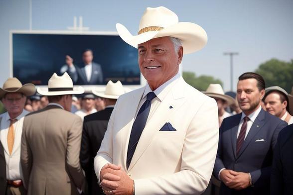 JR Ewing von Dallas in der Öffentlichkeit, im Hintergrund eine Leinwand.