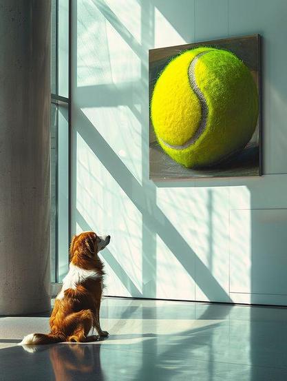 In einem scheinbar grossen Raum hängt an der Wand ein grosses Bild mit einem formatfüllenden Tennisball. Davor sitzt ein Hund und schaut das Bild an.