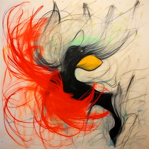 This abstract painting depicts a baseball player captured in a whirlwind of motion. The central figure is rendered in bold, flowing lines of black and red, with a striking yellow face that stands out against the chaotic background. The swirling lines and dynamic shapes create a sense of intense movement and energy, as if the player is caught in the midst of a powerful action. The background is a mix of lighter, more diffuse lines, adding depth and a sense of turbulence to the scene. The overall effect is one of vibrant dynamism, conveying the excitement and speed of the game.