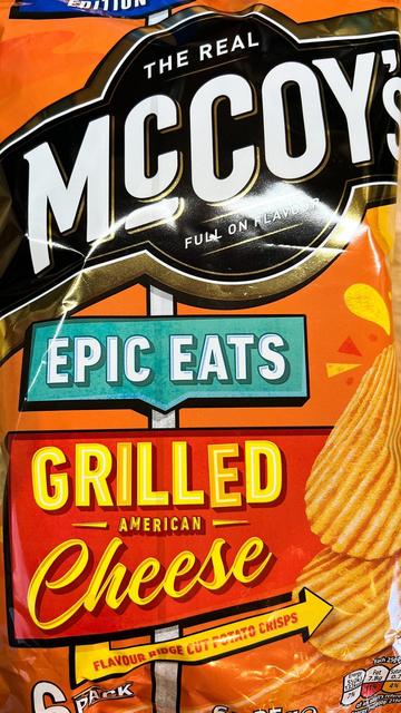 A packet of McCoy’s Epic Eats Grilled American Cheese crisps