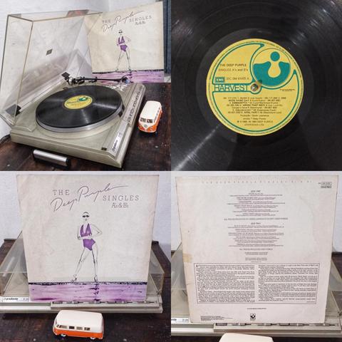 Montagem de fotos com vinil no toca discos de fundo na foto capa do vinil, selo do vinil, contra capa do vinil e capa do vinil.