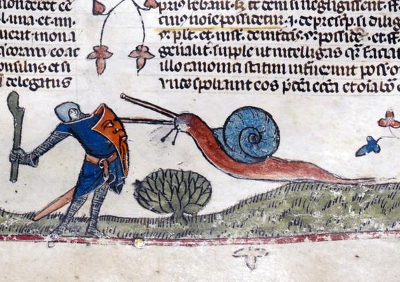 Snailfight. ‘The Smithfield Decretals’ (Decretals of Gregory IX with glossa ordinaria), Toulouse ca. 1300, illuminations added in London ca. 1340. British Library, Royal 10 E IV, fol. 107r.
#medieval #MedievalArt