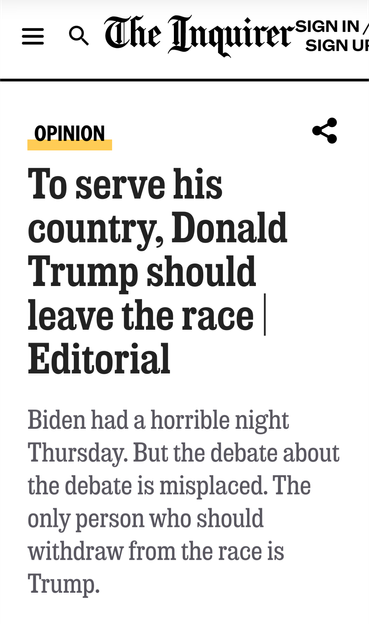 Philadelphia Inquirer editorial headline: To serve his country, Donald Trump should leave the race