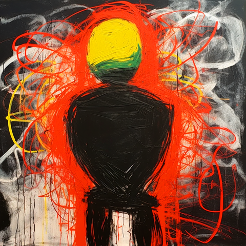 This abstract painting features a baseball player represented as a bold, black silhouette with a vibrant yellow and green head. The figure is surrounded by intense red lines that radiate outward, creating a sense of energy and movement. The background is a mix of black and white, with swirling, smoky patterns adding depth and contrast to the composition. The juxtaposition of the solid, dark figure against the chaotic, colorful lines evokes a powerful sense of action and dynamism, capturing the intensity and excitement of the game.