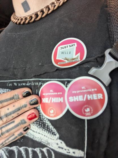 T-Shirt mit Stickern beklebt: "My pronouns are He/Him" und "My pronouns are She/Her".