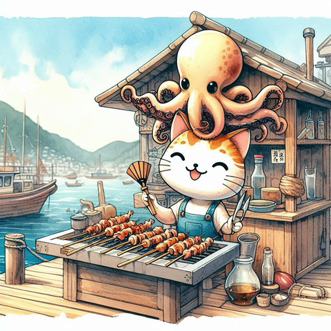 たこの串焼き屋を営む笑顔の子猫