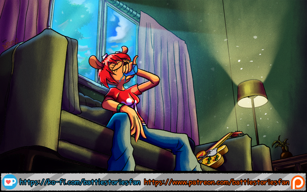 Fanart Digital Art of Lammy from UmJammer Lammy sitting on a couch sipping a glass of water.