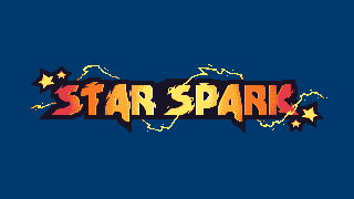 The text "Star Spark" is shown on a single line in a rough-styled font on a blue background. "Star Spark" is colored with a horizontal radial gradient, going from yellow at the center to an orange red at the ends. Two stars show to the top left of the first "S" and two more stars are shown at the bottom right of the "K". There's yellow lightning coiling around the text.