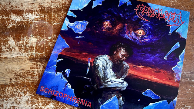 LP of Cavalera’s “Schizophrenia” sitting atop a wooden kitchen island. 