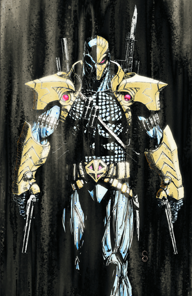 a cover of a comic boook, without text, deathstroke is in a heavily armored costume, weapons strapped to his back, his helmet on, holding 2 pistols, facing the viewer, streaks of black and grey behind him running vertically 