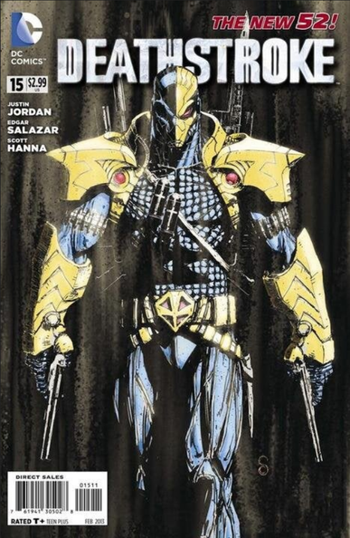 the cover, with text now added, in the upper left corner is the dc comics logo in blue and white, in small red letters in the upper right it reads  'the new 52!' and below it in white letters it reads 'deathstroke' 