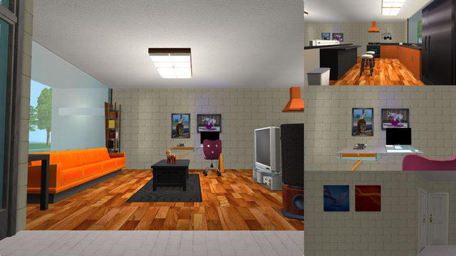 Kirin modern house for The Sims 2, collage. 

* Left: Showing living room. 
* Top right: Showing kitchen. 
* Middle right: Showing computer desk with Mac Mini, modern phone and two paintings.
* Bottom right: Showing walls with two paintings