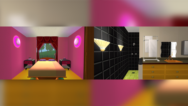 Kirin modern house for The Sims 2, collage. 

* Left: Bedroom with pink wallpaper and yellow carpet
* Right: Showing bathroom