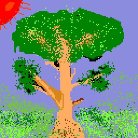 Drawn pixel art of tree at the center and moon on the top left side with red color