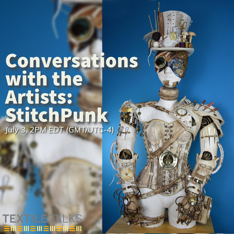 Promo slide for the talk. Right: a photo of a mannequin sculpture, white with several exposed sections of clockwork, white leather straps, corsets, hinges. It is wearing a snazzy steampunk top hat. Left: blurred closeup of photo with text (in post) on top. 