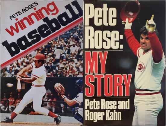 A photo of two Pete Rose books. He's in uniform for the Cincinnati Reds on both covers.

"Pete Rose's Winning Baseball"
A grainy photo shows the titular all-star, in-game, about to connect a swing, the ball mere inches from his bat.

"Pete Rose: My Story" by the author & Roger Kahn.
An in-game photo of the subject, arms raised in celebration – batting helmet held high in his right hand, number one finger raised on his dusty-gloved left hand. He isn't smiling but wears an expression of mild satisfaction.
