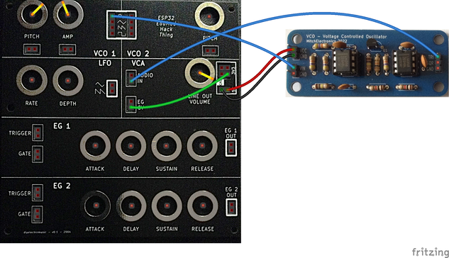 Fritzing diagram showing how my Synth Thing can be patched over to a Mitch Electronics VCO kit. The VCO kit gets its power from the Synth Thing and feeds its output back into the Synth Things VCA.  The VCO kit is driven from the output of one of the Synth Thing's VCOs.
