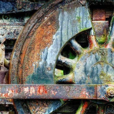 Rusty brake mechanism from a steam locomotive.