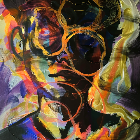 This abstract painting features the face of a baseball player, rendered in a vivid and swirling mix of colors. The figure's outline is defined by bold, circular brushstrokes in orange and yellow, set against a dark, contrasting background. The interplay of purples, greens, and blues creates a dynamic, almost ethereal effect, suggesting movement and energy. The face appears contemplative, with shadows and highlights adding depth and intensity. The use of layered, sweeping strokes gives the artwork a fluid, expressive quality, capturing the emotional and physical aspects of the sport.