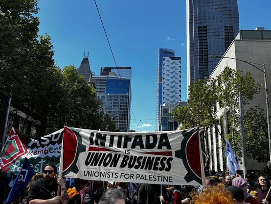 Unionists For Palestine banner on the streets.